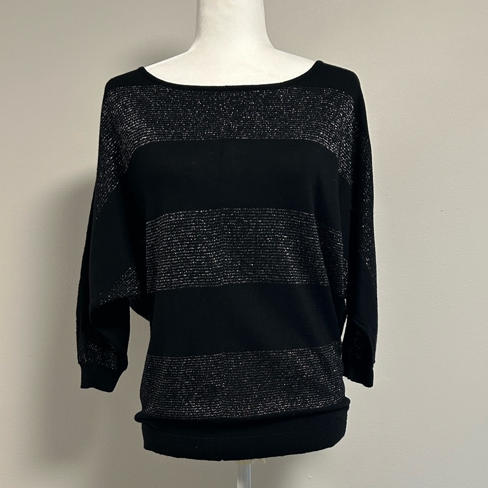 Express Black Metallic Striped Dolman Sleeve Blouse | 3/4 Sleeve | Size M